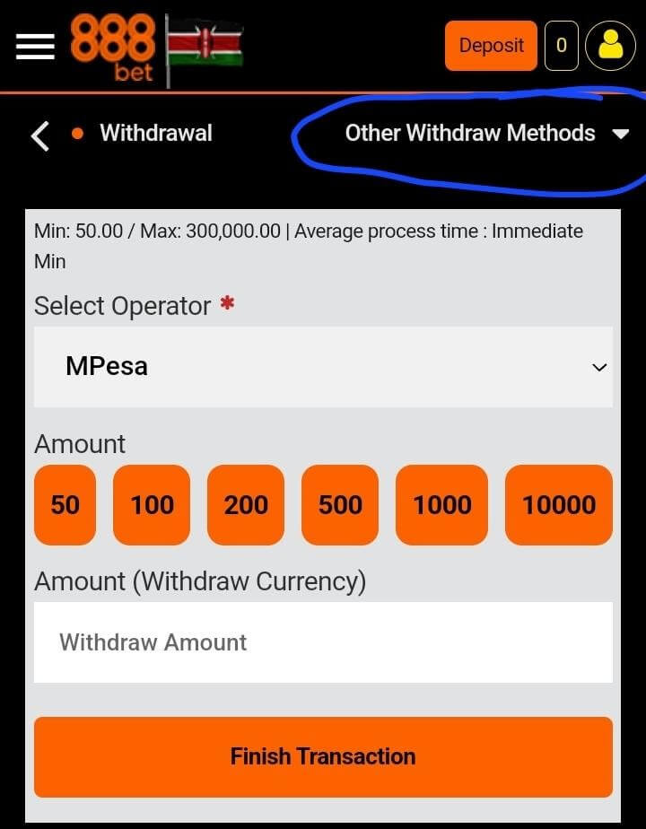 Other withdrawl option at 888Sport kenya