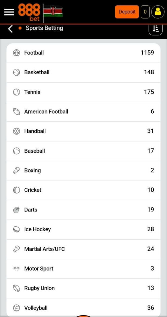 Sports categories in 888Sport kenya