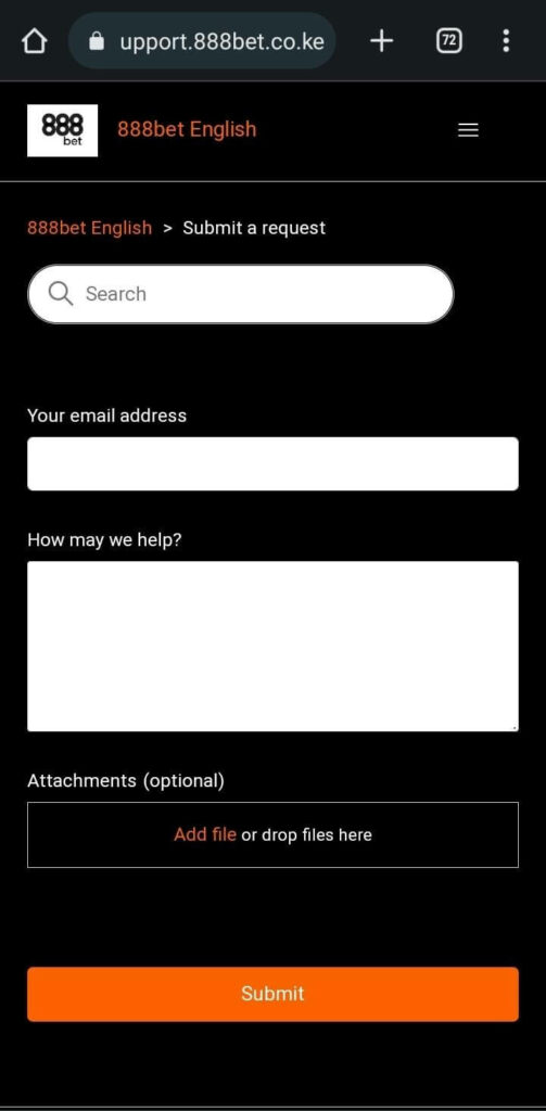Submitt a request at 888Sport kenya customer support