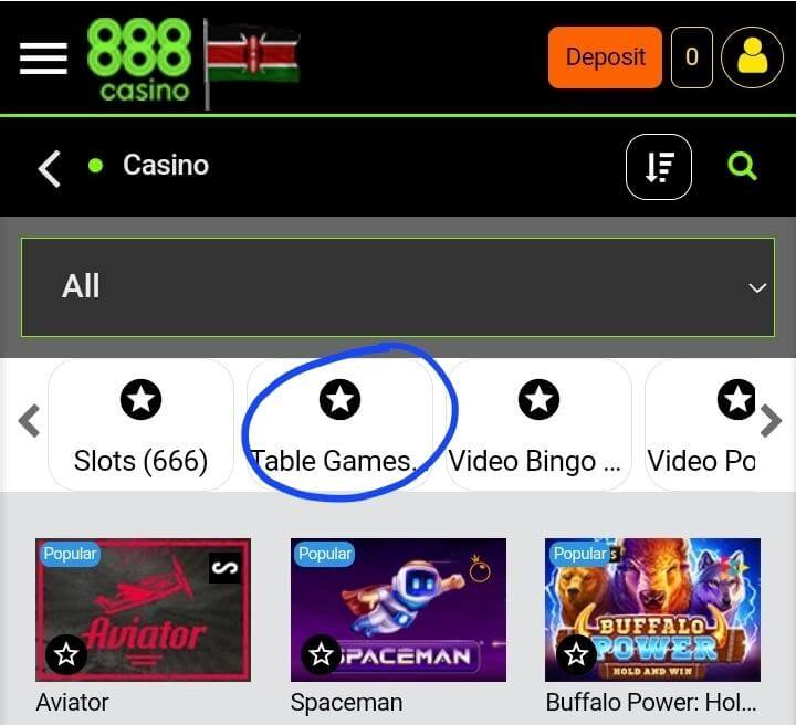 Table games option at 888Sport kenya