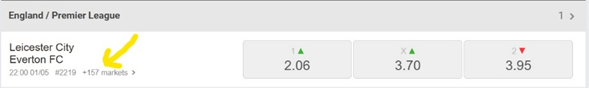 yellow arrow pointing at 157+ markets for an EPL game at Odibets