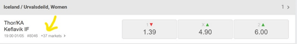 yellow arrow pointing at 37+ markets for an Urvalsdeild match at Odibets