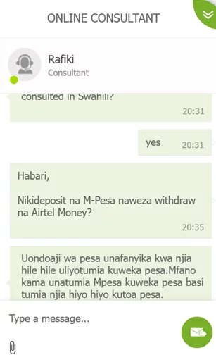 A conversation with a live agent in Swahili 1