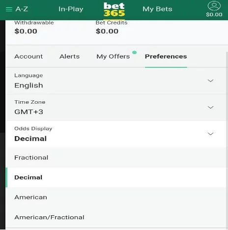 Bet365 Preferences Menu