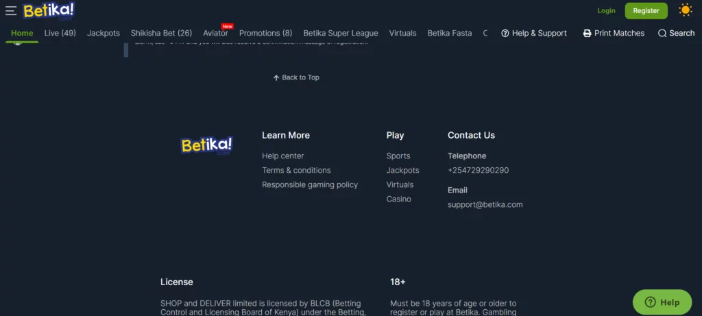 Betika casino under the Play section at the bottom of the homepage