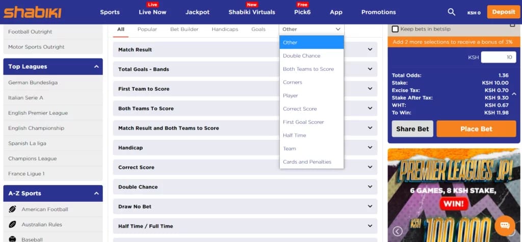 Betting markets for a football match at Shabiki