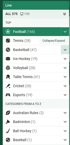 Betwinner live events based on types of sports 1