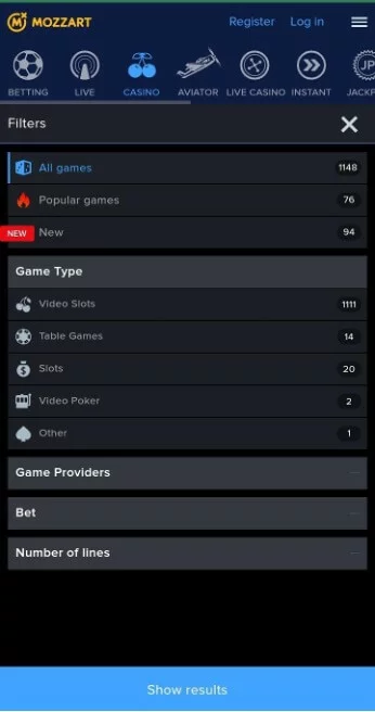 Mozzartbet Casino games filter
