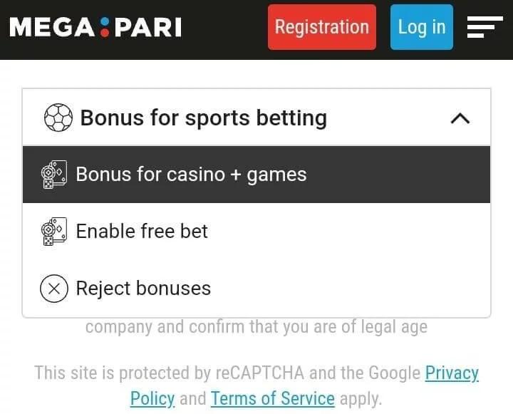 Enter type of bonus at megapari registration