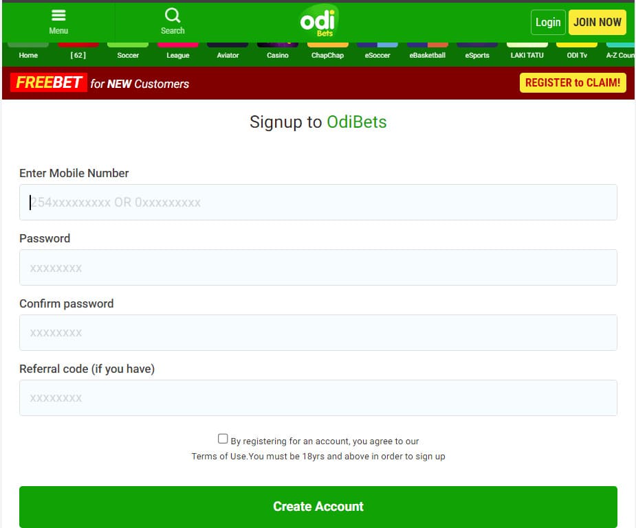 Odibets account registration page