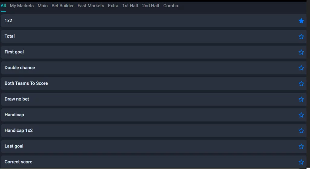 Palms Bets betting markets on a football match