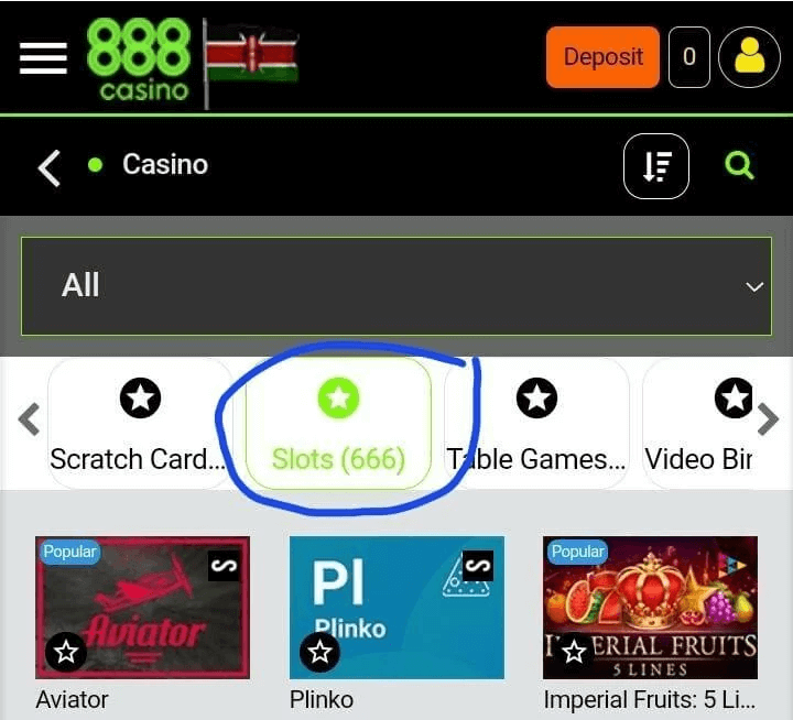 Slots option at 888Sport kenya