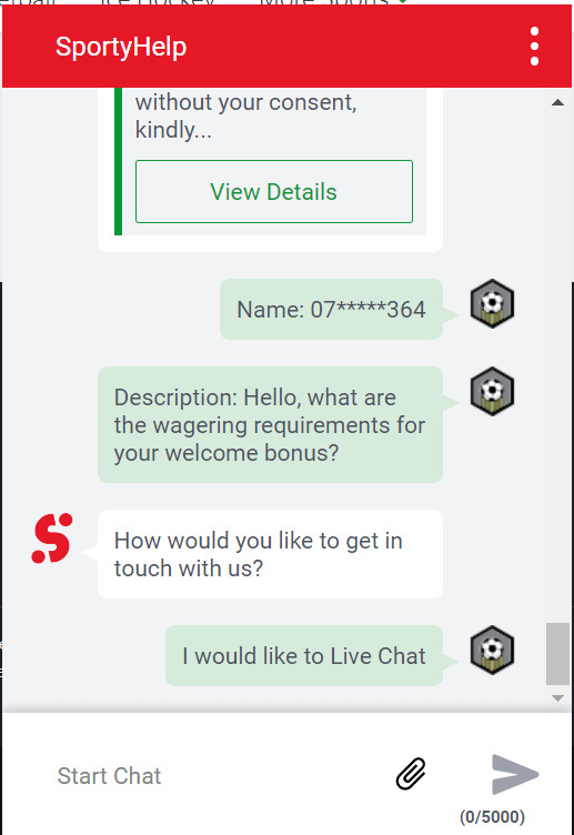 SportyBets live chat option with an agent