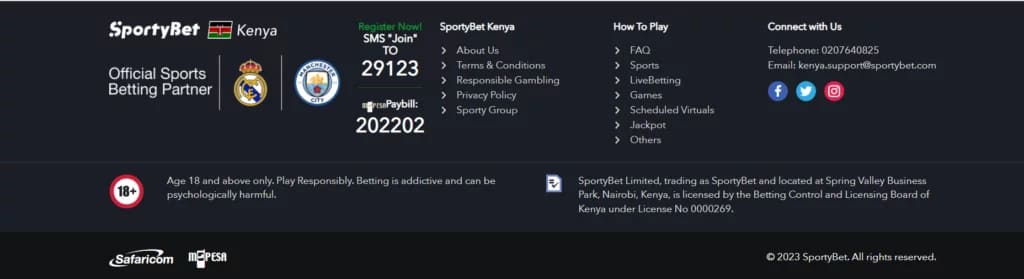 The licensing information of SportyBet at the websites footer section