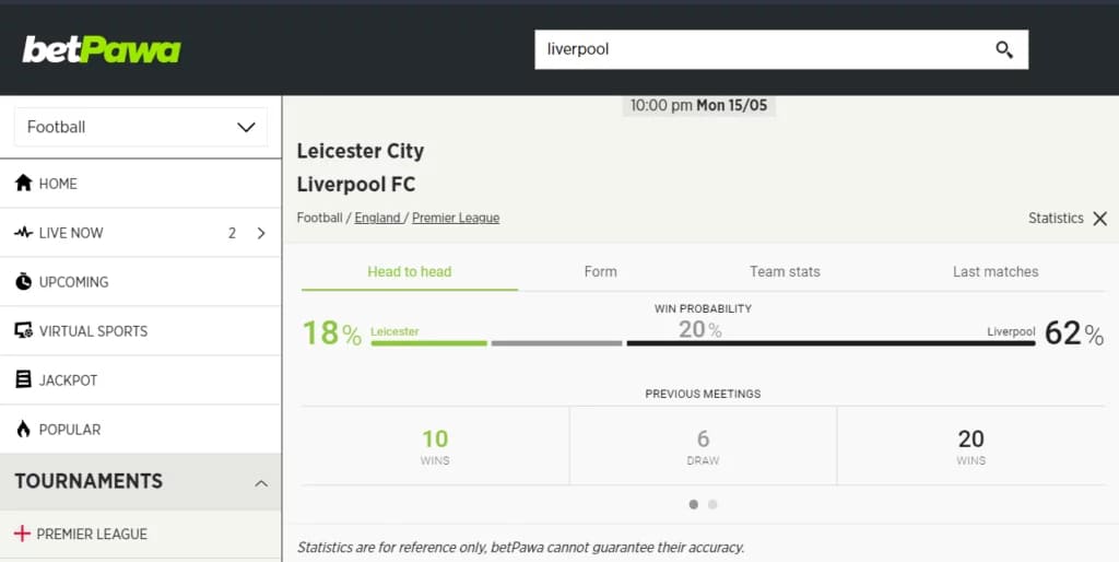 a statistics panel at betPawa for a match between Leicester City and Liverpool FC