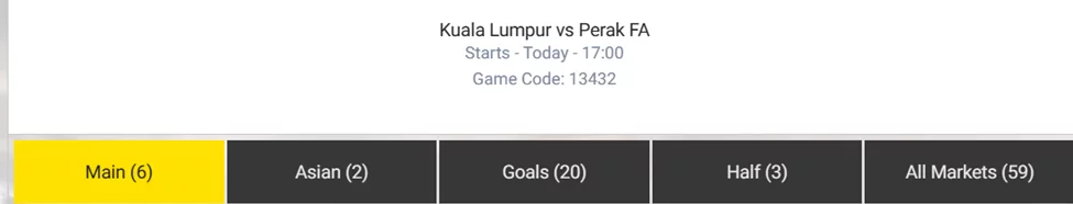 available markets for a match between Kuala Lumpur and Perak FA 1