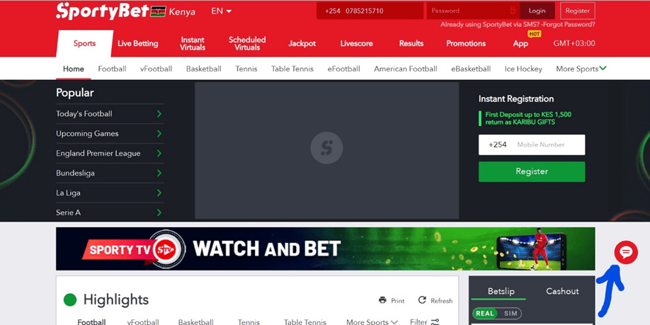 blue arrow showing live chat con at SportyBet