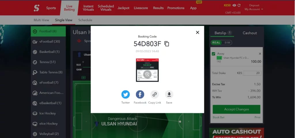 booking code at SportyBet