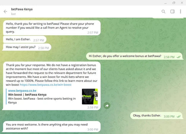 chat with a betPawa agent in English via Telegram