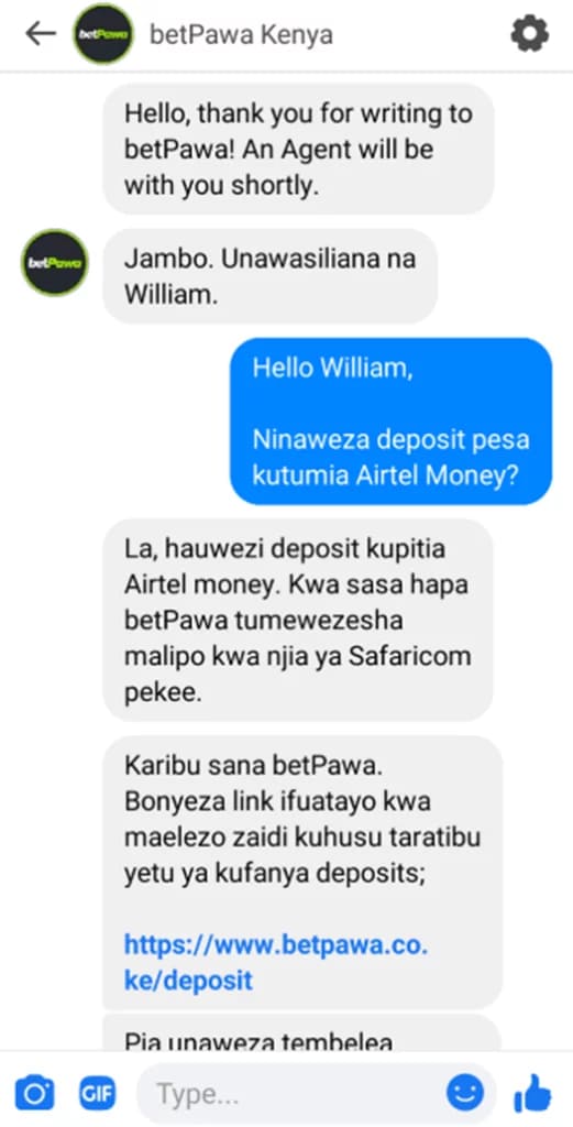 chat with a betPawa agent in Swahili via Facebook Messenger