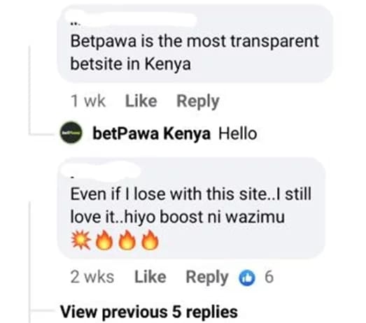 compliments from two Kenyan players about betPawa on Facebook 2