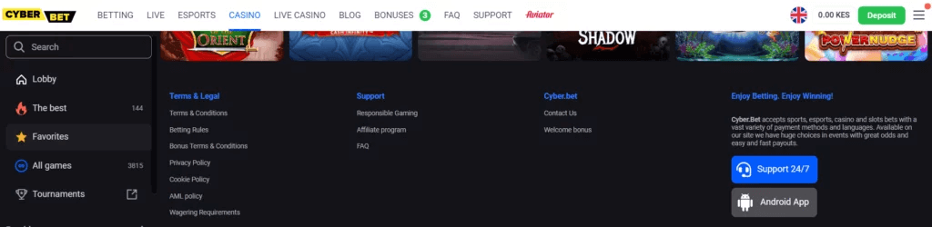 customer support section at the bottom of-Cyber.bet homepage