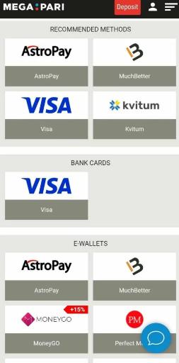 deposit payment methods megapari