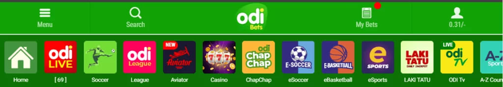 different categories including the casino section below the Odibets logo