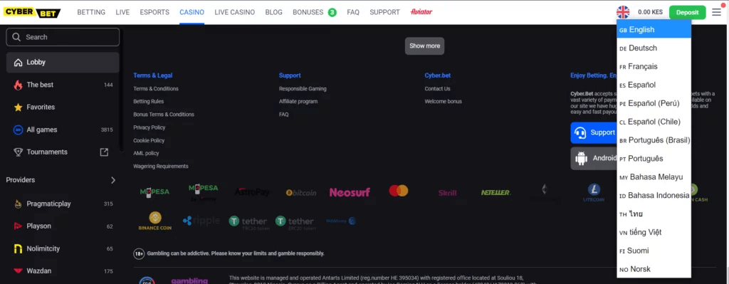 different language options at Cyber.bet