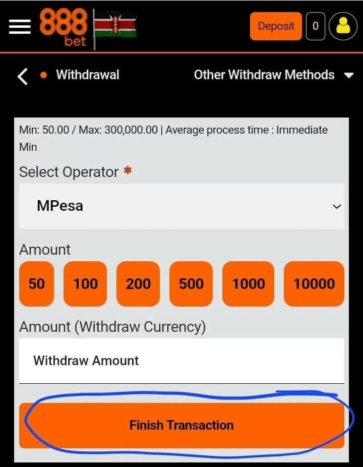 finish transaction option at 888Sport kenya