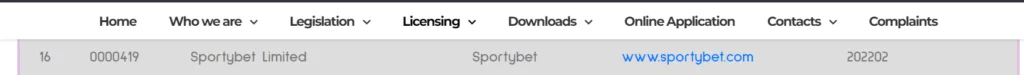 licensing information of SportyBet at the BCLB official website