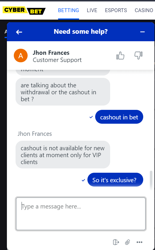 live chat at Cyber.bet in English