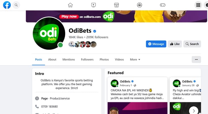 official Odibets Facebook page