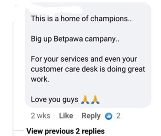 players compliment on betPawas customer support on Facebook