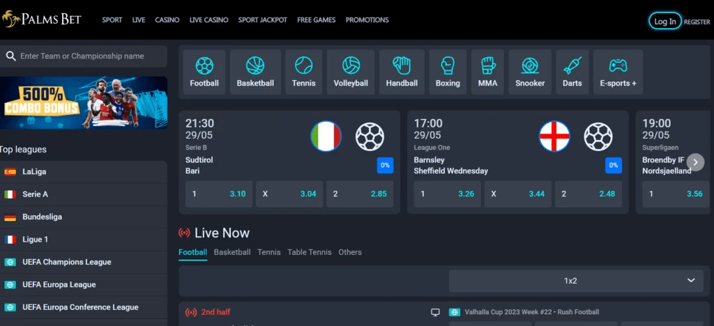 ports section at Palms Bet showing search bar different sports and leagues