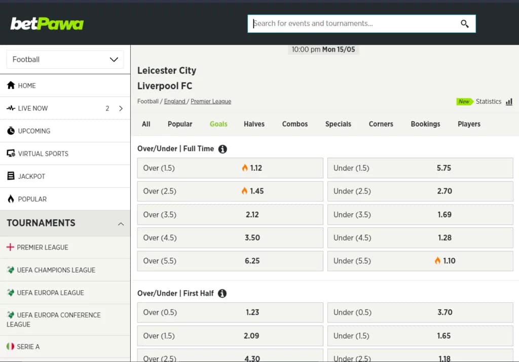 sample of betting markets at betPaw