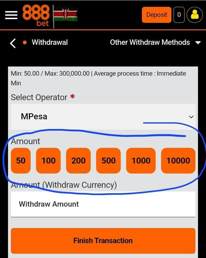 select the amount for withdrawl