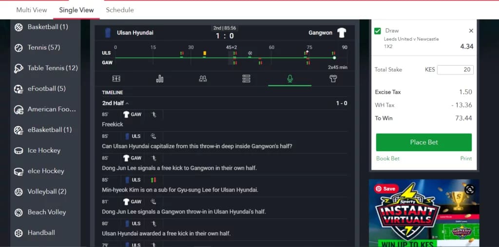 timeline for a match between Ulsan Hyundai FC and Gangwon FC