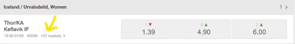 yellow arrow pointing at 37 markets for an Urvalsdeild match at Odibets