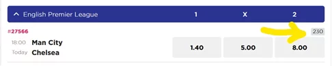 yellow arrow showing the markets for Chelsea vs Manchester City 1